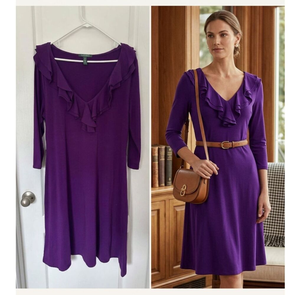 Lauren Ralph Lauren Purple Ruffle V-Neck Jersey Dress XL - Cotton Modal